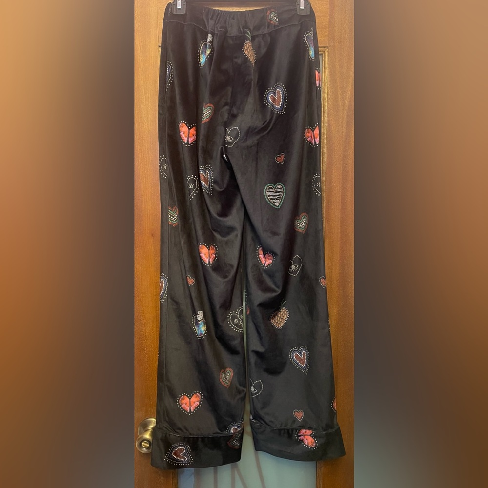 Farm Rio Benicia Wide Leg Black Velour Pull On Elastic Waist Pant Hearts Motif - Picture 4 of 12
